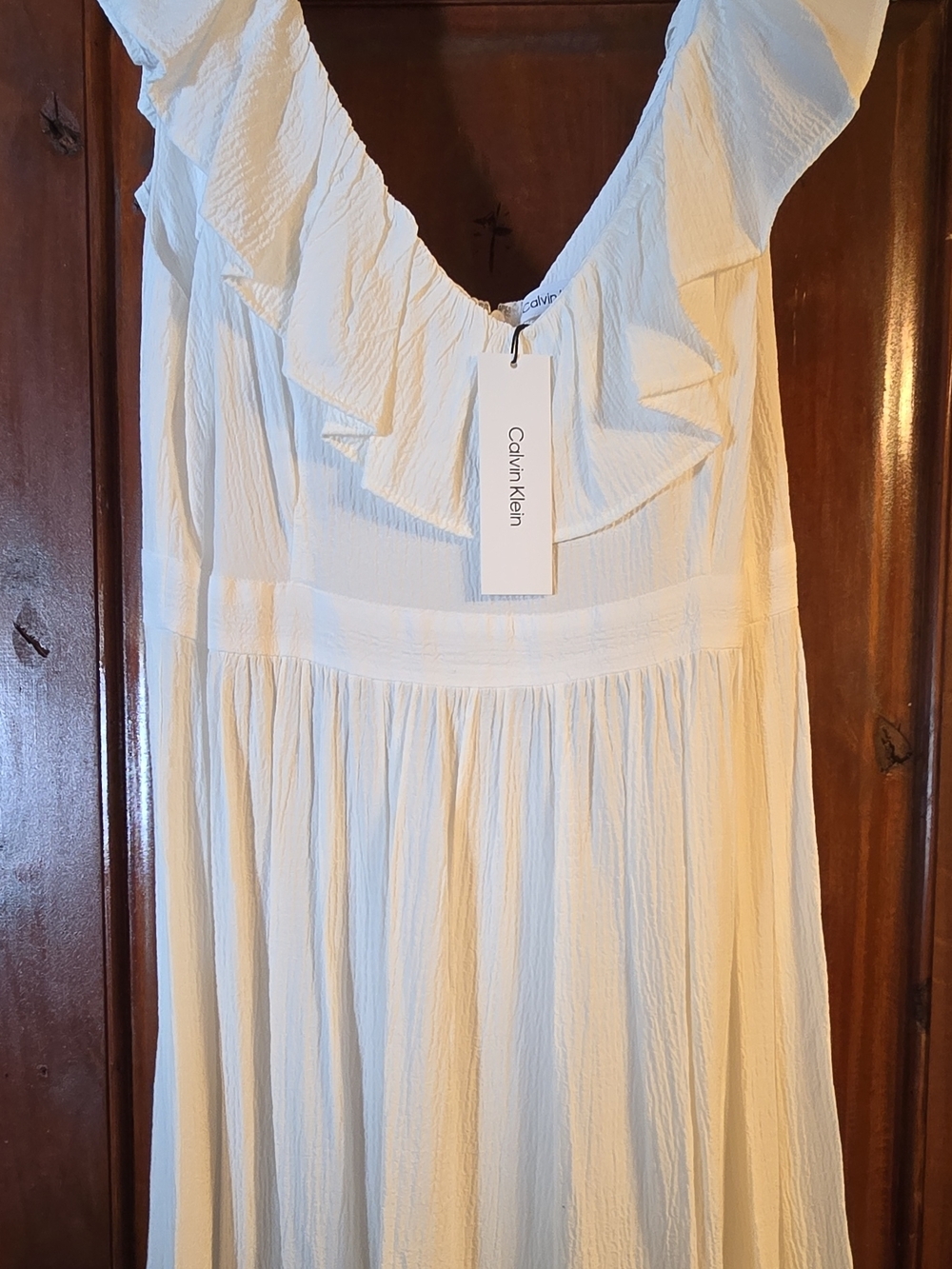 Calvin Klein Cream Maxi Dress with Ruffle V-Neck